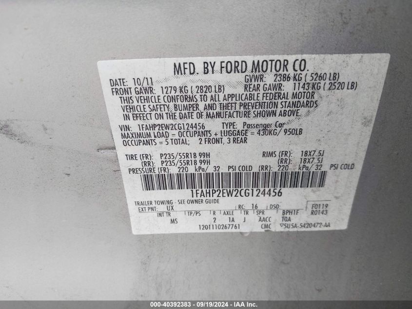 1FAHP2EW2CG124456 2012 Ford Taurus Sel