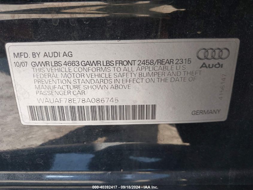 2008 Audi A4 2.0T VIN: WAUAF78E78A086745 Lot: 40392417