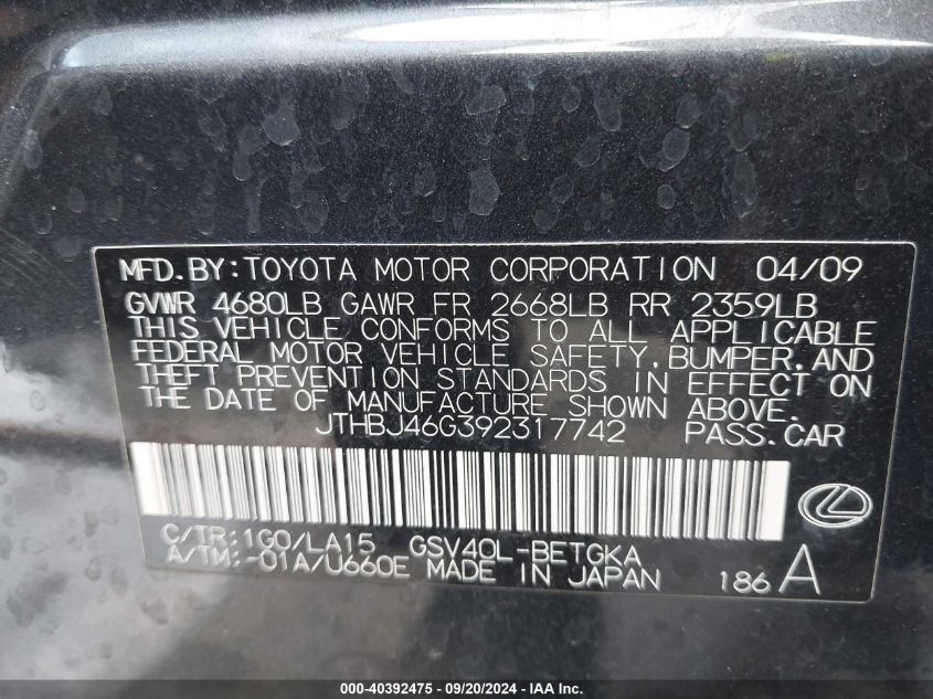 JTHBJ46G392317742 2009 Lexus Es 350