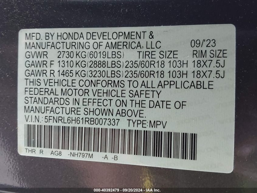 2024 Honda Odyssey Ex-L VIN: 5FNRL6H61RB007337 Lot: 40392479