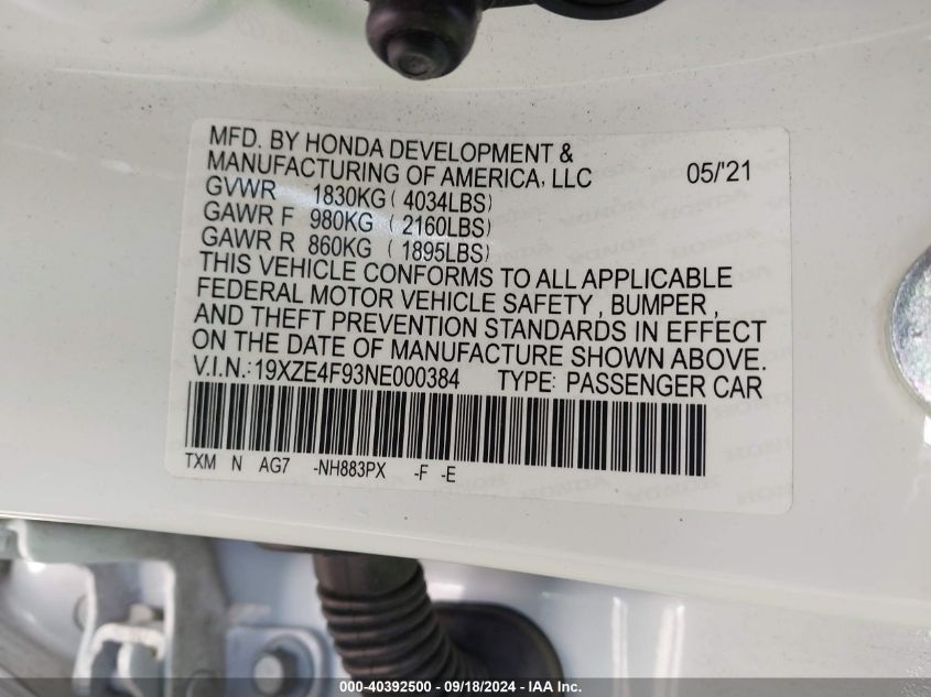 2022 Honda Insight Touring VIN: 19XZE4F93NE000384 Lot: 40392500