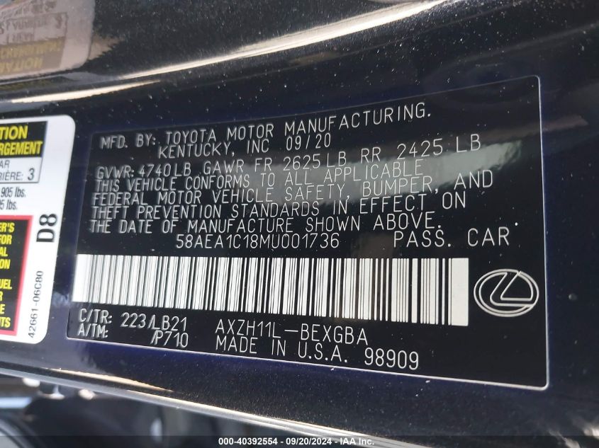 2021 Lexus Es 300H Luxury VIN: 58AEA1C18MU001736 Lot: 40392554