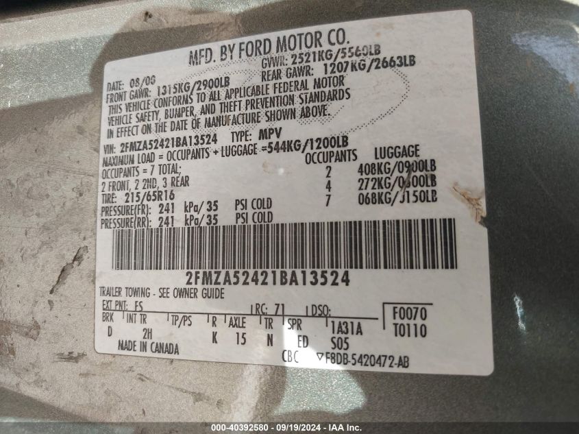 2FMZA52421BA13524 2001 Ford Windstar Se