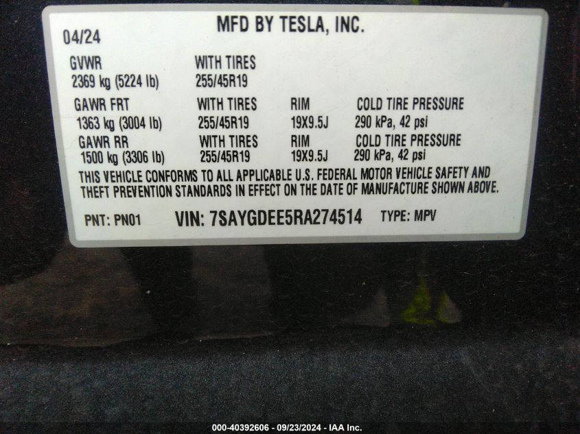 2024 TESLA MODEL Y LONG RANGE DUAL MOTOR ALL-WHEEL DRIVE - 7SAYGDEE5RA274514