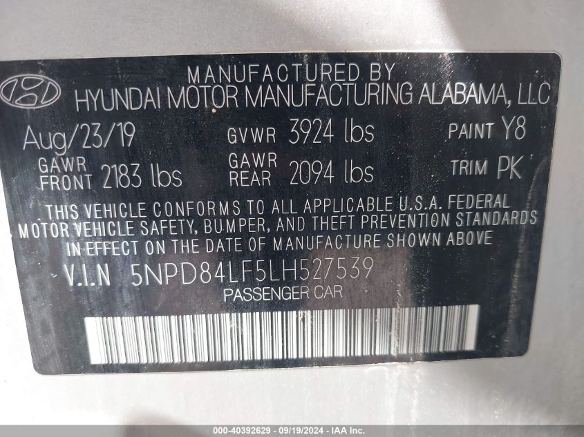 2020 Hyundai Elantra Sel VIN: 5NPD84LF5LH527539 Lot: 40392629