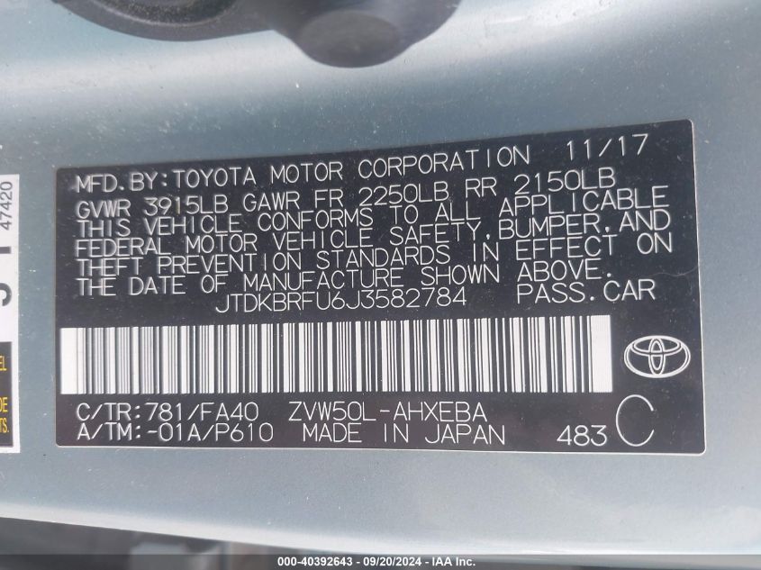 JTDKBRFU6J3582784 2018 Toyota Prius Two