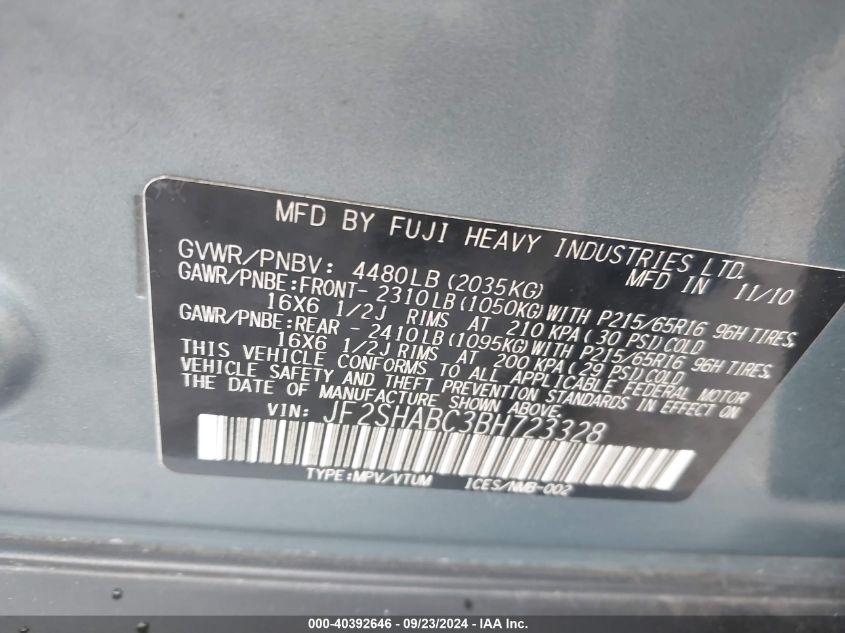 JF2SHABC3BH723328 2011 Subaru Forester 2.5X