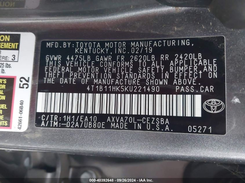 4T1B11HK5KU221490 2019 Toyota Camry L/Le/Xle/Se/Xse