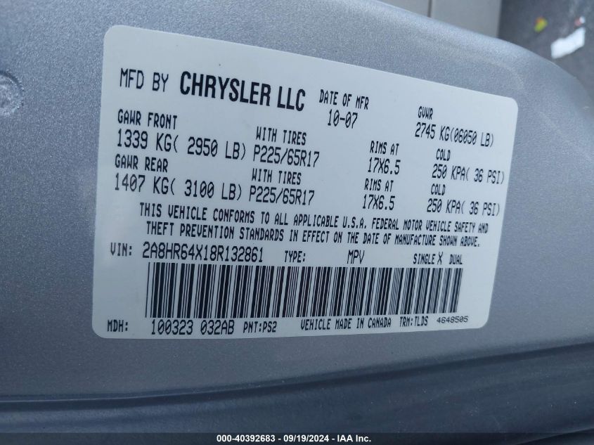 2008 Chrysler Town & Country Limited VIN: 2A8HR64X18R132861 Lot: 40392683