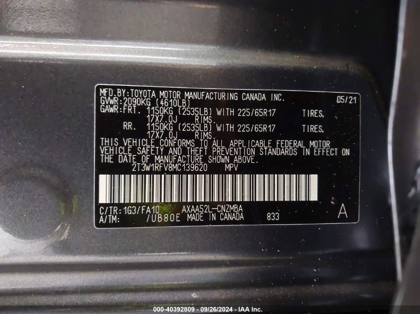 VIN 2T3W1RFV8MC139620 2021 TOYOTA RAV4 XLE