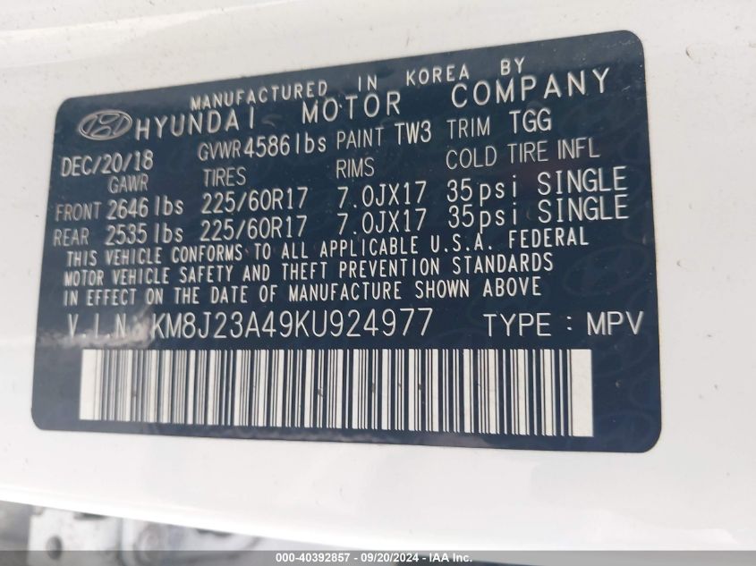 KM8J23A49KU924977 2019 Hyundai Tucson Se