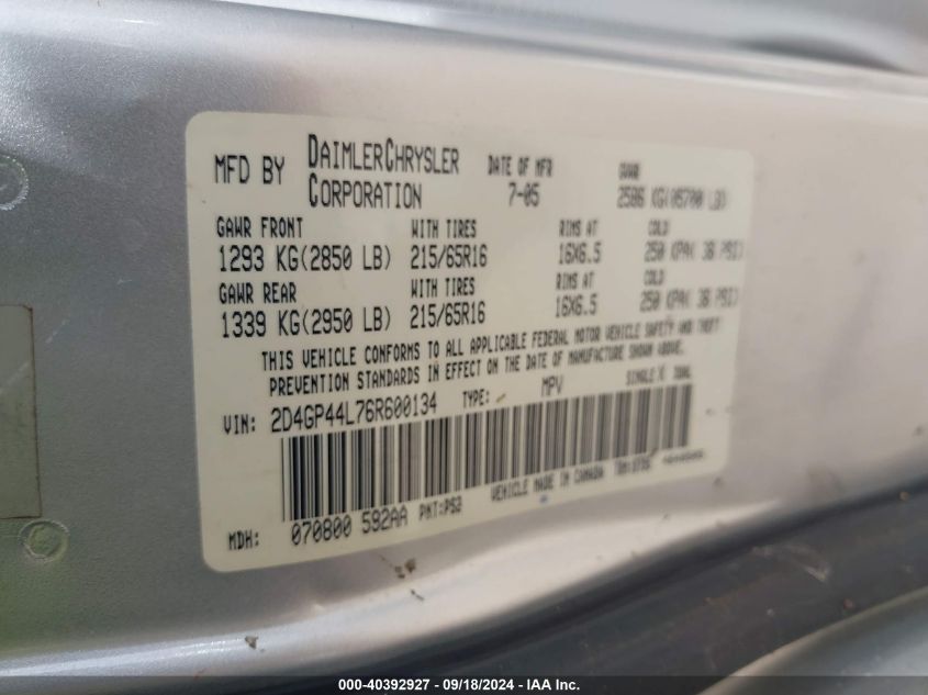 2D4GP44L76R600134 2006 Dodge Grand Caravan Sxt