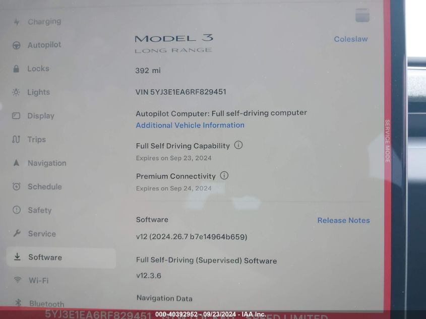 2024 Tesla Model 3 VIN: 5YJ3E1EA6RF829451 Lot: 40392952