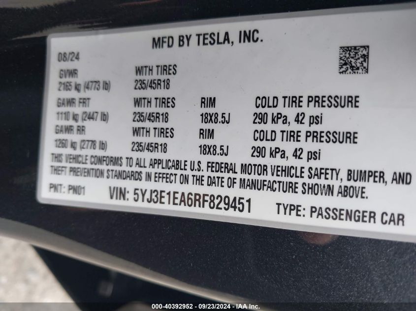 2024 Tesla Model 3 VIN: 5YJ3E1EA6RF829451 Lot: 40392952