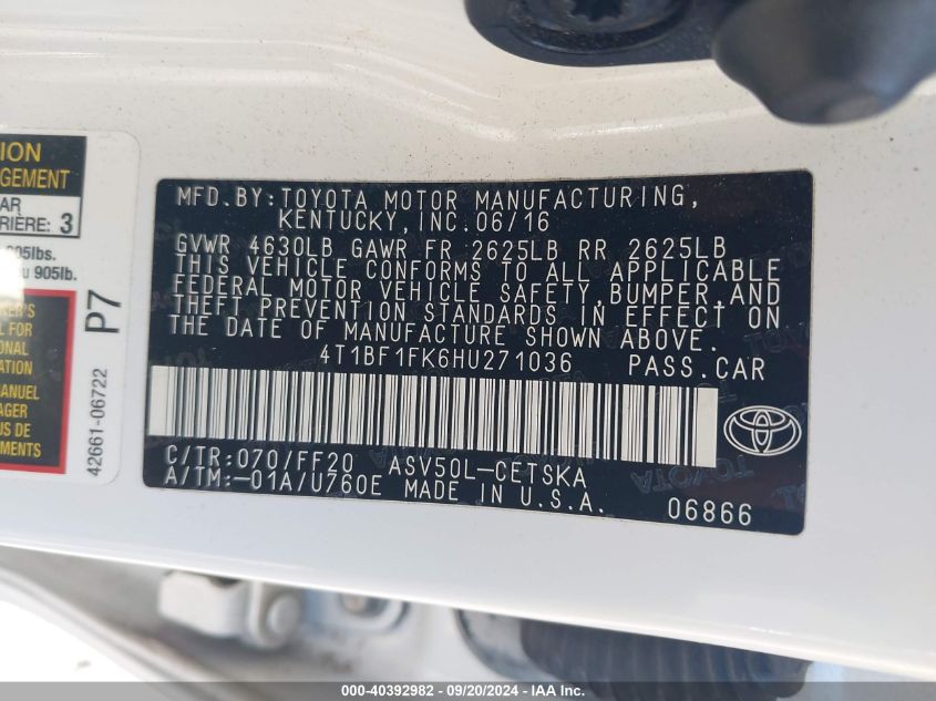 4T1BF1FK6HU271036 2017 Toyota Camry Se