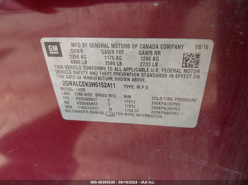 2GNALCEK9H6152411 2017 Chevrolet Equinox Lt