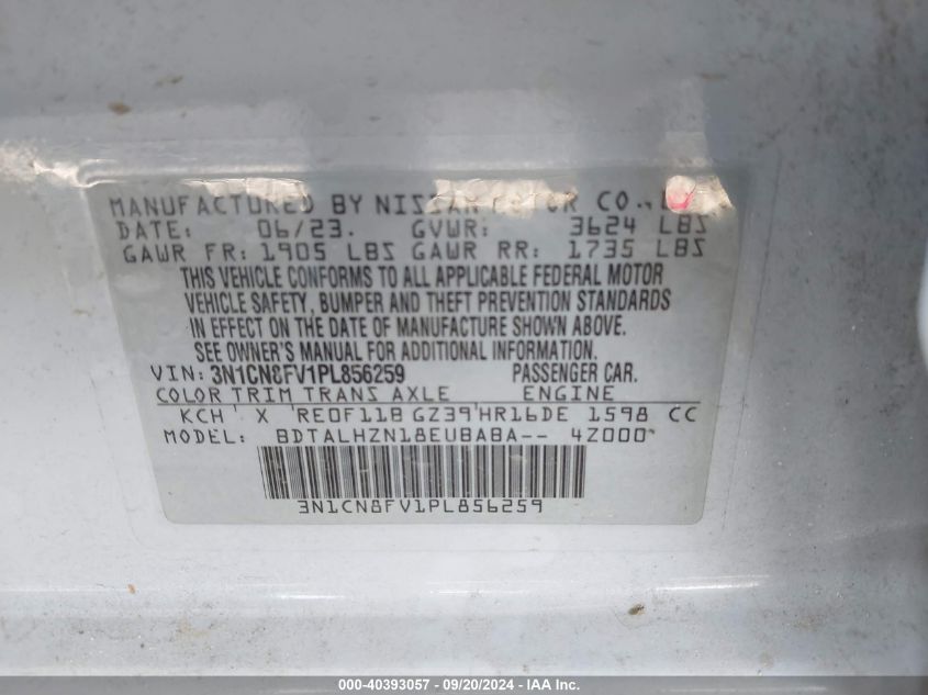 2023 Nissan Versa 1.6 Sr Xtronic Cvt VIN: 3N1CN8FV1PL856259 Lot: 40393057