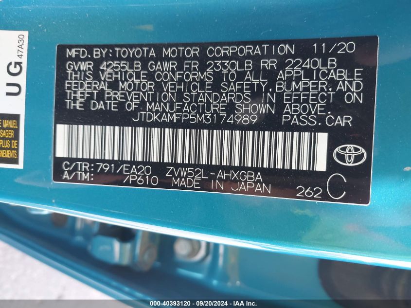 2021 Toyota Prius Prime Xle VIN: JTDKAMFP5M3174989 Lot: 40393120