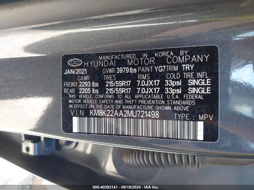 2021 Hyundai Kona Sel VIN: KM8K22AA2MU721498 Lot: 40393141