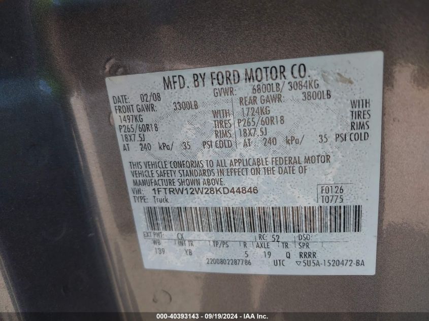 2008 Ford F-150 60Th Anniversary/Fx2/Xl/Xlt VIN: 1FTRW12W28KD44846 Lot: 40393143