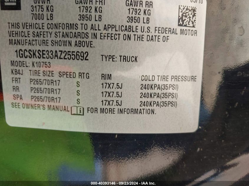 1GCSKSE33AZ255692 2010 Chevrolet Silverado 1500 K1500 Lt