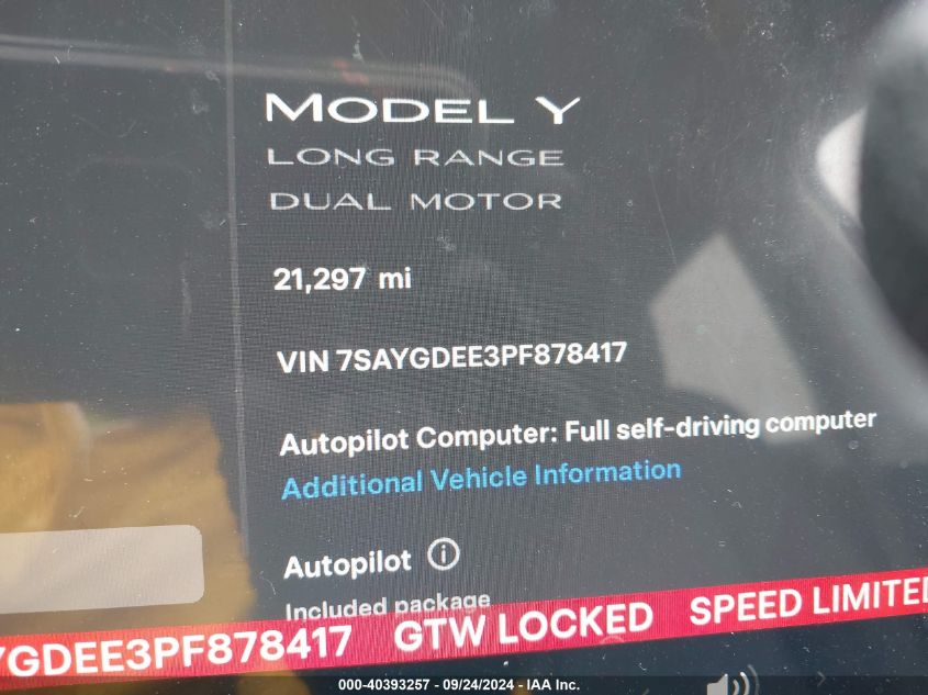 2023 TESLA MODEL Y AWD/LONG RANGE DUAL MOTOR ALL-WHEEL DRIVE - 7SAYGDEE3PF878417