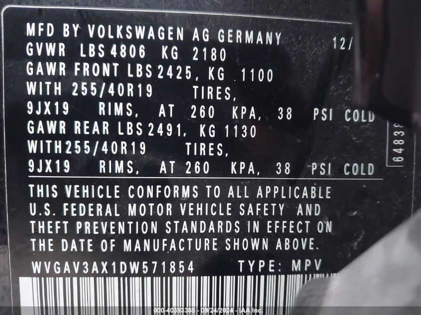 2013 Volkswagen Tiguan S/Se/Sel VIN: WVGAV3AX1DW571854 Lot: 40393385