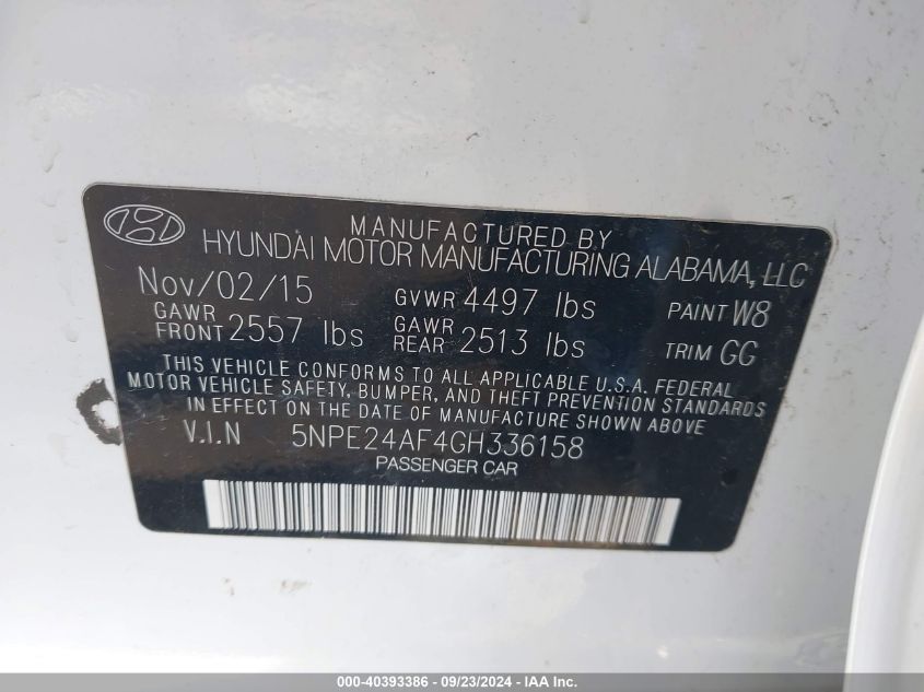 5NPE24AF4GH336158 2016 Hyundai Sonata Se