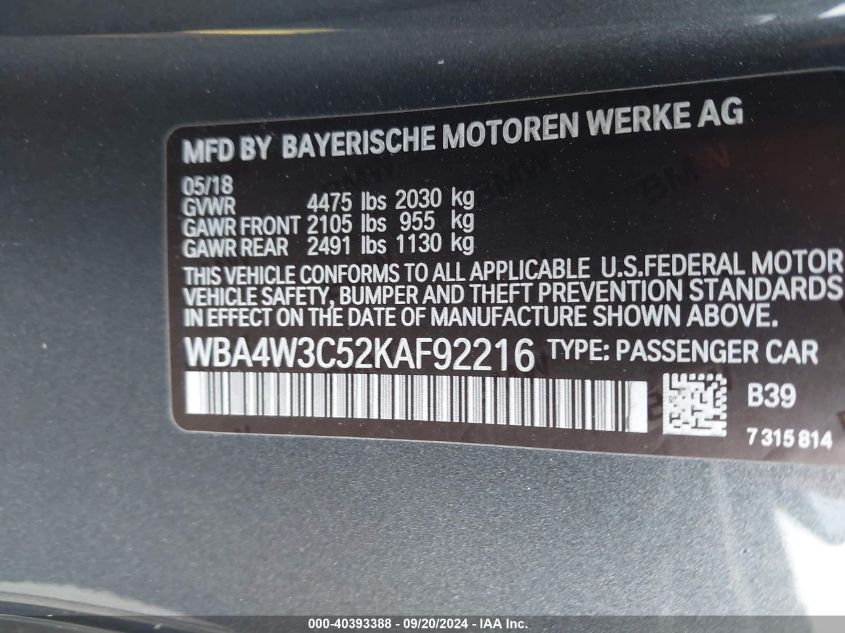 2019 BMW 430I VIN: WBA4W3C52KAF92216 Lot: 40393388