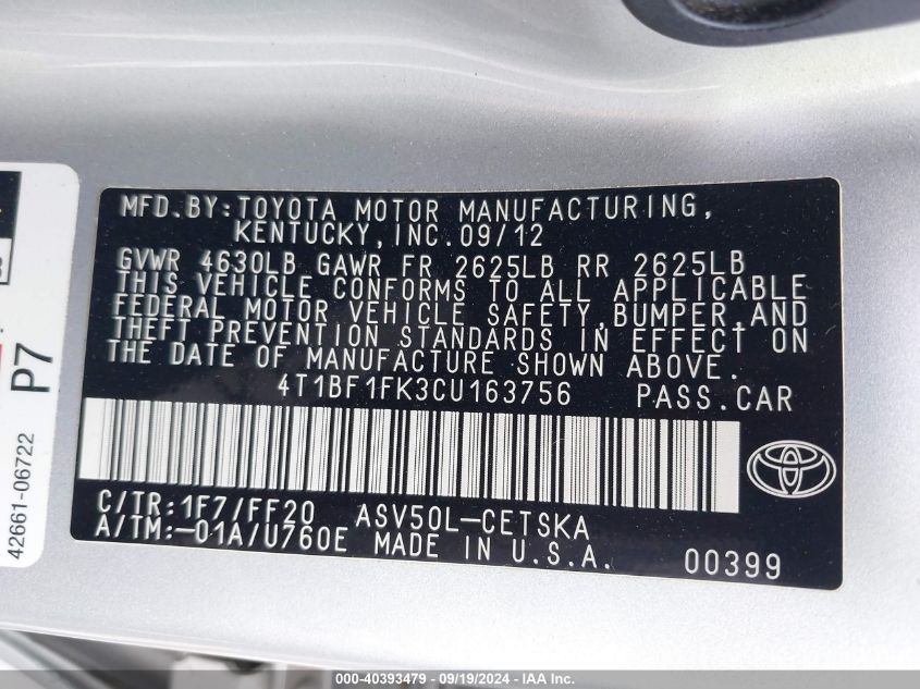 2012 Toyota Camry Se VIN: 4T1BF1FK3CU163756 Lot: 40393479