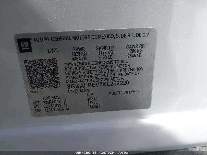 2019 GMC Terrain Slt VIN: 3GKALPEV7KL252220 Lot: 40393494