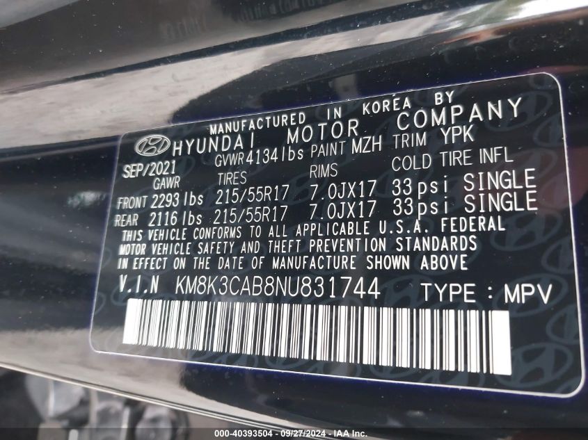 KM8K3CAB8NU831744 2022 Hyundai Kona Sel