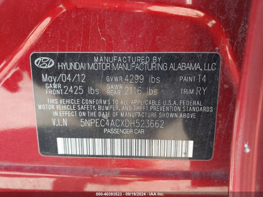 5NPEC4ACXDH523662 2013 Hyundai Sonata Se