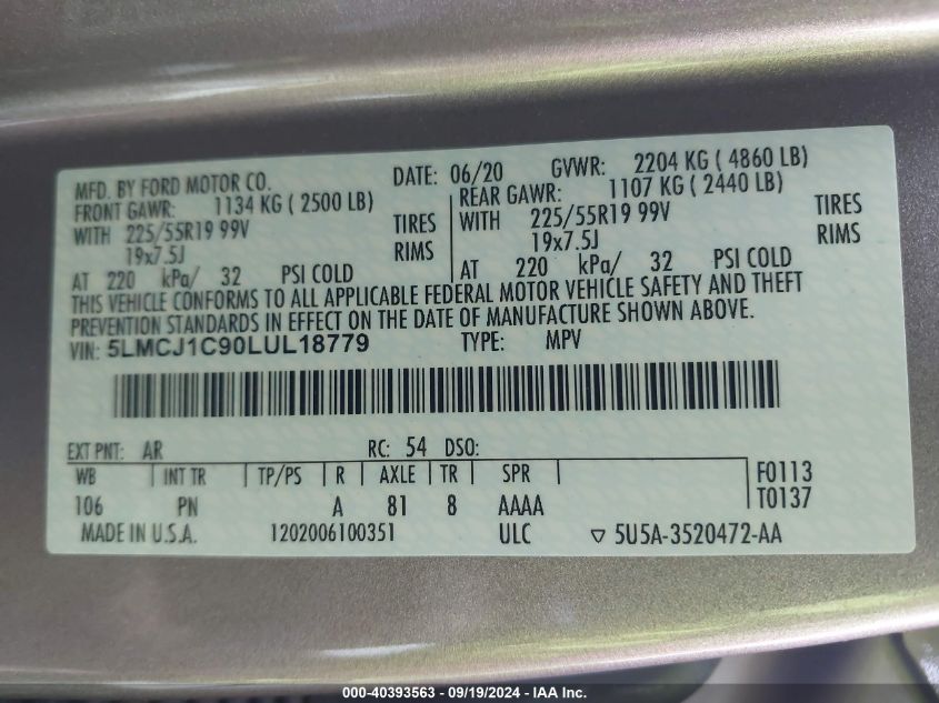 2020 Lincoln Corsair Standard VIN: 5LMCJ1C90LUL18779 Lot: 40393563