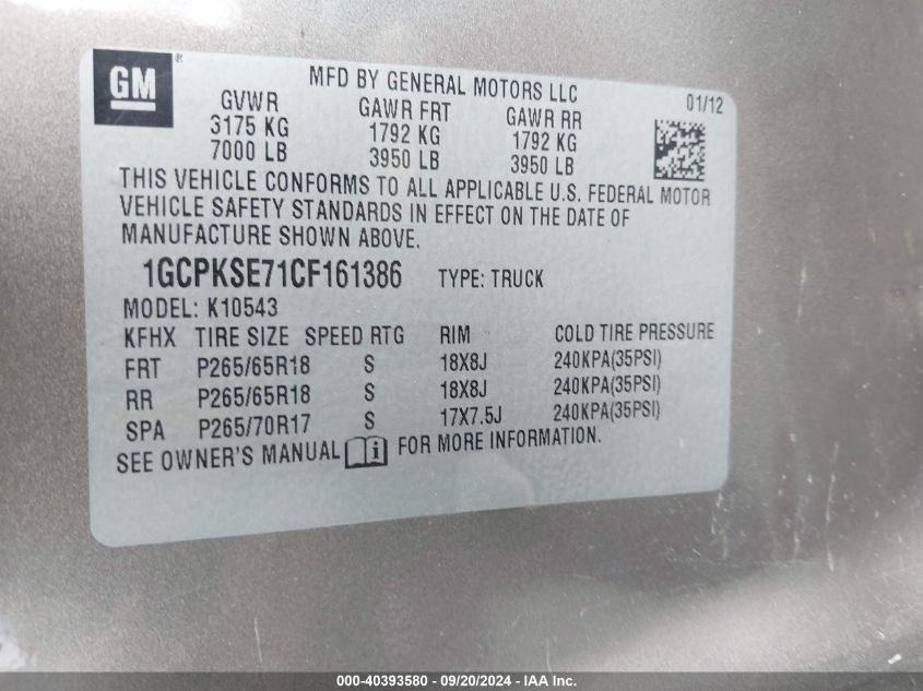 1GCPKSE71CF161386 2012 Chevrolet Silverado 1500 Lt