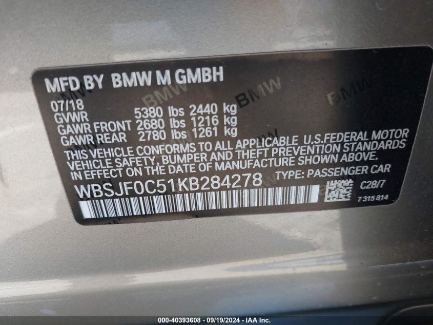 WBSJF0C51KB284278 2019 BMW M5 Competition