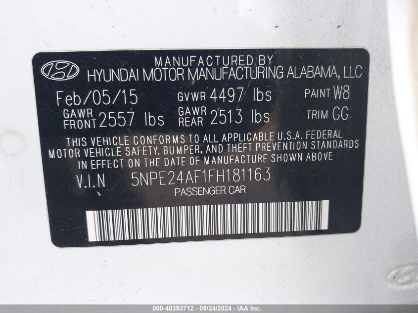 5NPE24AF1FH181163 2015 Hyundai Sonata Se