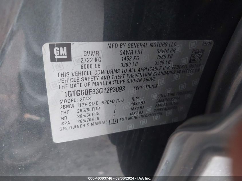 1GTG6DE33G1283893 2016 GMC Canyon Slt