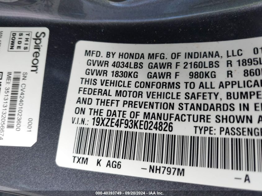 2019 Honda Insight Touring VIN: 19XZE4F93KE024826 Lot: 40393749