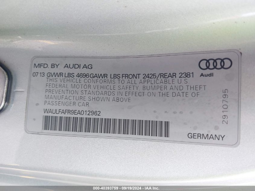 2014 Audi A5 2.0T Premium VIN: WAULFAFR9EA012962 Lot: 40393759