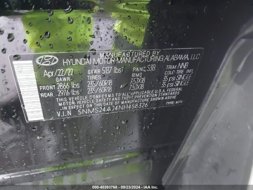 2022 Hyundai Santa Fe Sel VIN: 5NMS24AJ4NH458326 Lot: 40393768