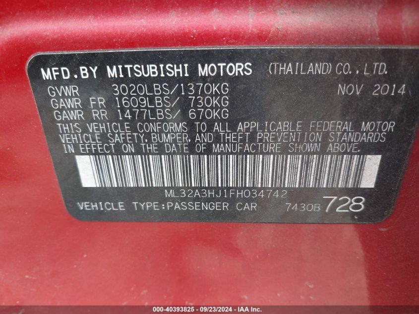 2015 Mitsubishi Mirage De VIN: ML32A3HJ1FH034742 Lot: 40393825