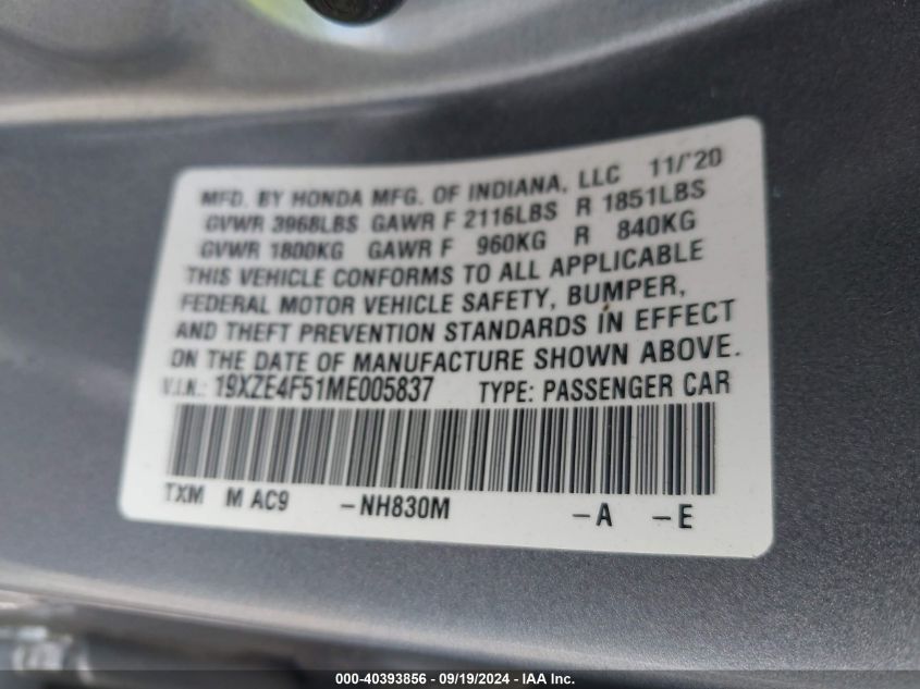 2021 Honda Insight Ex VIN: 19XZE4F51ME005837 Lot: 40393856