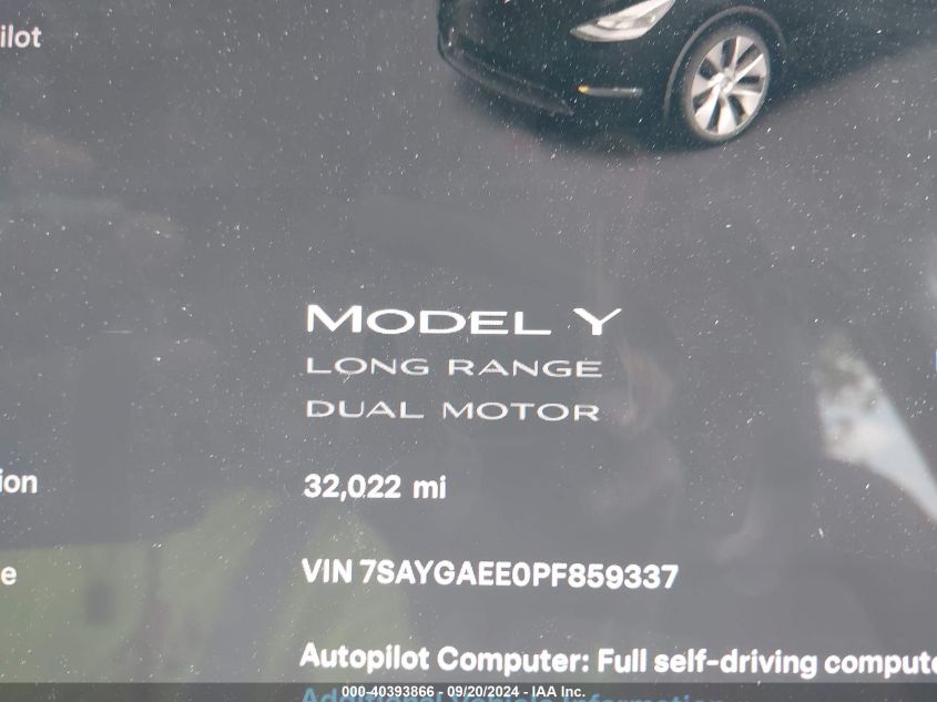 2023 Tesla Model Y Awd/Long Range Dual Motor All-Wheel Drive VIN: 7SAYGAEE0PF859337 Lot: 40393866