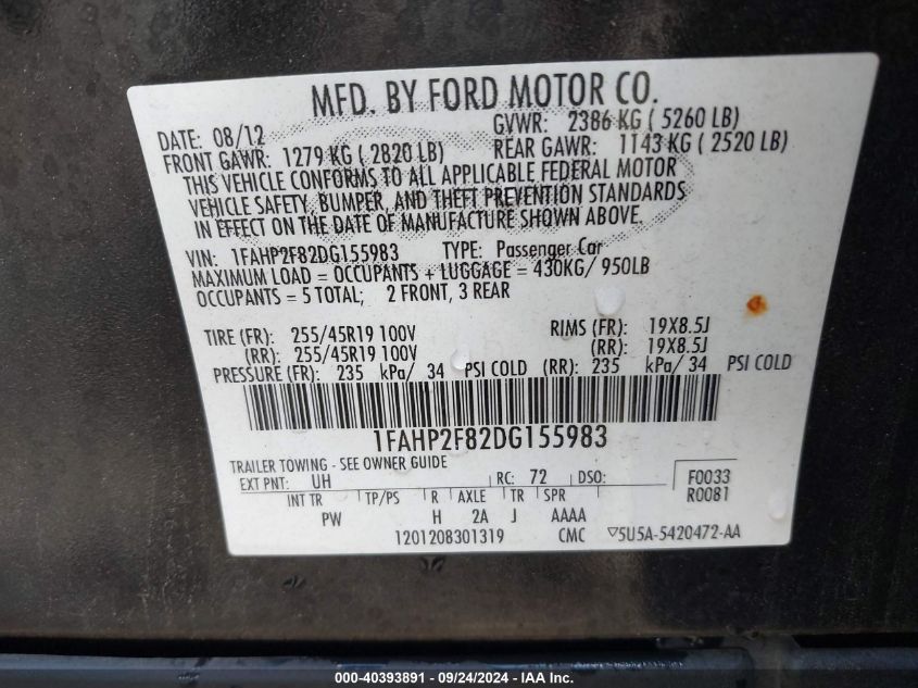 2013 Ford Taurus Limited VIN: 1FAHP2F82DG155983 Lot: 40393891