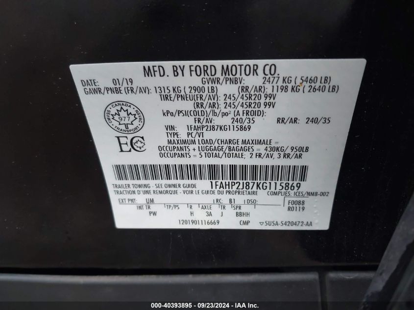 1FAHP2J87KG115869 2019 Ford Taurus Limited