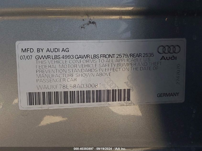 2008 Audi A4 2.0T/2.0T Avant Special Edition VIN: WAUKF78E58A030081 Lot: 40393897