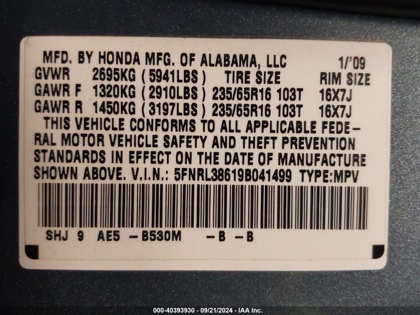 2009 Honda Odyssey Ex-L VIN: 5FNRL38619B041499 Lot: 40393930