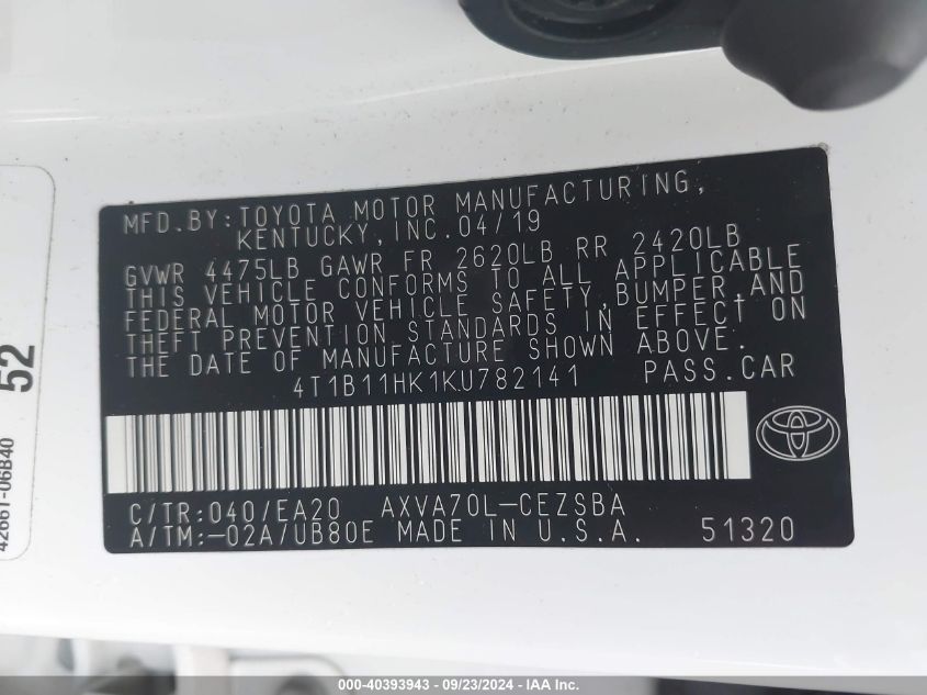 4T1B11HK1KU782141 2019 Toyota Camry Se