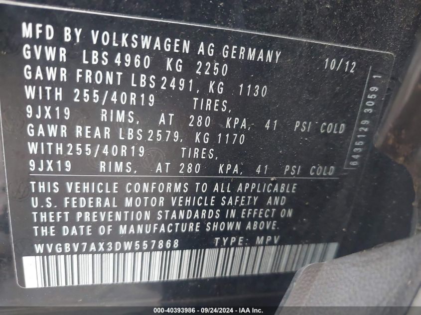 WVGBV7AX3DW557868 2013 Volkswagen Tiguan Sel